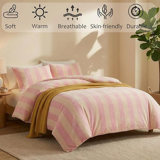 Bedbay Pink Striped Comforter Set King Size Luxury Velvet Comforter Set Cozy Reversible Fleece Soft & Warm Fluffy Flannel Bedding Blush Yellow Stripes Pattern King Bed Set 3 Pcs with Pillowcases