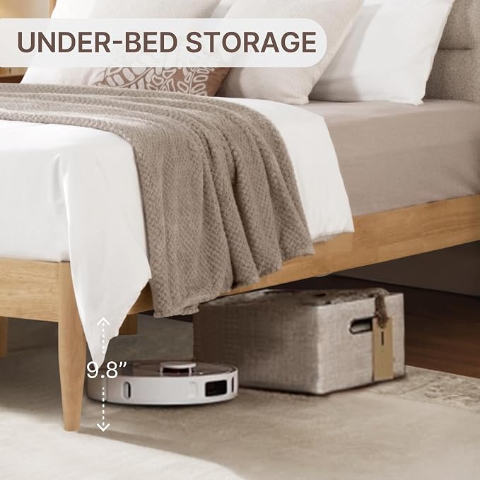 KISLOT Wood Bed Frame with Upholstered Headboard, Oat, Full | Wooden Platform, Silent Slat Support, Mattress Foundation, No Box Spring Needed, Easy Assembly