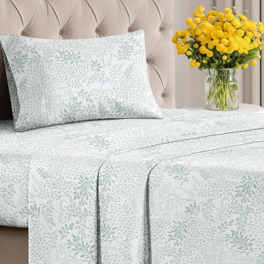 Floral Sheets - Grey Floral Bed Sheet Set - 1 Flat, 1 Fitted & 1 Pillowcase w/ Deep Pockets - Comfy, Wrinkle & Fade Free - Boho Botanical Bedding - Ultra-Soft, Breathable and Cooling - Twin Size