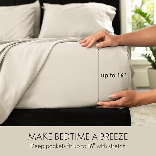 ClevaHome King Size Sheet Set - 6 Piece Soft Breathable Luxury Bed Sheet Set - Shrinkage & Fade Resistant Embroidered Bedding Sheet with Deep Pocket, 2 Extra Pillowcases (King, Oat Milk)