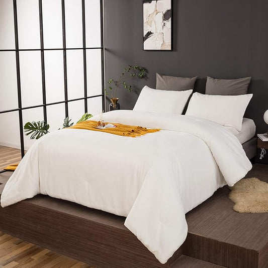 Luxlovery White Fluffy Comforter Queen All White Velvet Bedding Comforter Set Flannel Solid White Cozy Puffy Plush Blanket Quilts Sherpa Micromink Winter Thick Warm Comforter Set Women Men