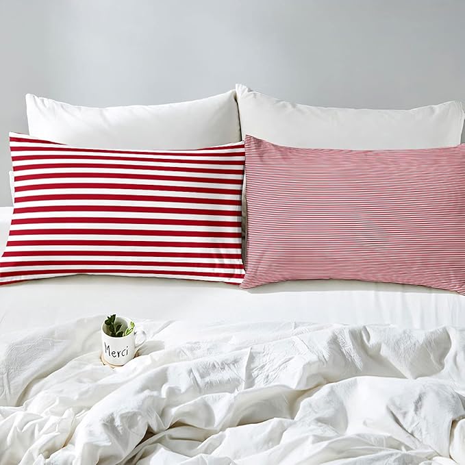 Girl Stripe Comforter Set Full Size Red White Ticking Stripes Bedding Set Bedroom Decor Horizontal Striped Lines Reversible Down Comforter for Kids Women Modern Abstract Soft Lightweight Duvet Set