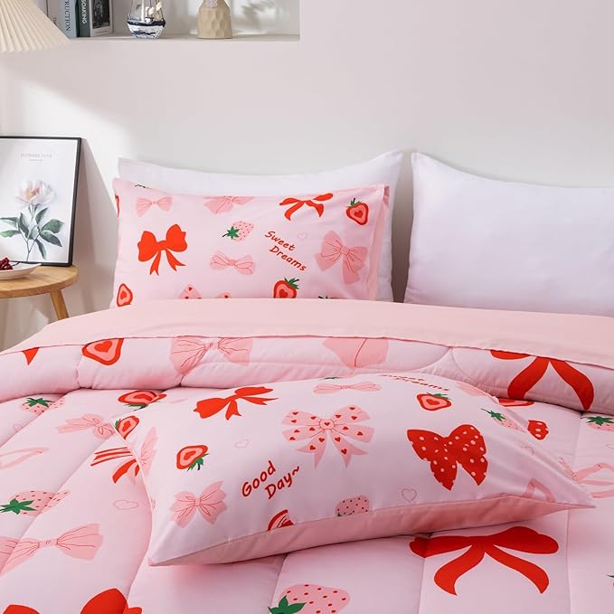 A Nice Night Red Bow Comforter Set,6 Piece Bed in a Bag Matching Sheet Set,Cute Ribbon Bowknot Bedding Sets,Princess Style Strawberry Printed,Light Pink Room Decor for Girls,Queen