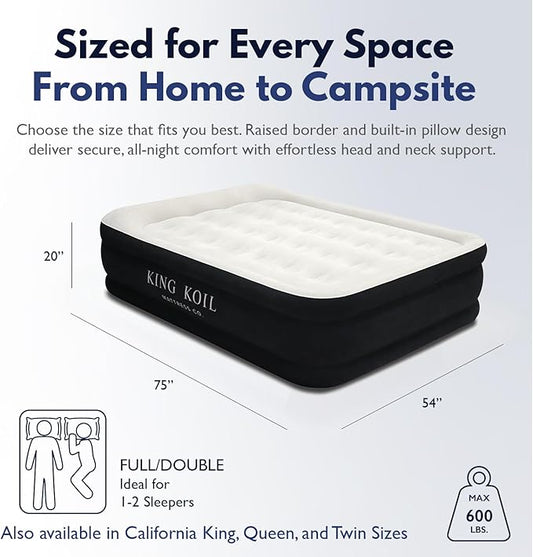 King Koil Luxury Full Size Plush Pillow Top Air Mattress with Built-in High-Speed Pump for Home, Camping & Guests 20" Inflatable Double High Blow Up Airbed, Durable, Waterproof