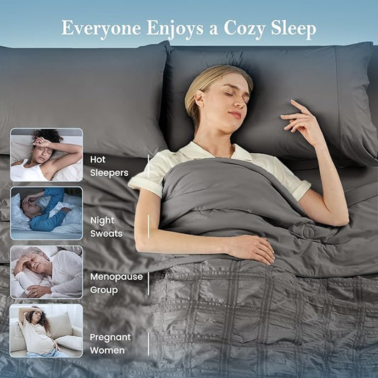 Cozy Bliss Cooling Comforter Seersucker Plaid Queen Size, Q-Max 0.45 Lightweight Cooling Blanket, Breathable Silk Smooth Summer Bedding Quilt for Hot Sleepers Night Sweats Dark Gray