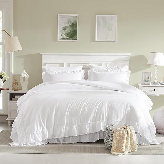 Cupocupa White Queen Comforter Set, 3Pcs Ruffle Comforters Queen/Full Size Farmhouse Bedding Sets with Comforter, Lightweight Fluffy Soft Shabby Chic Bedding Comforter Sets