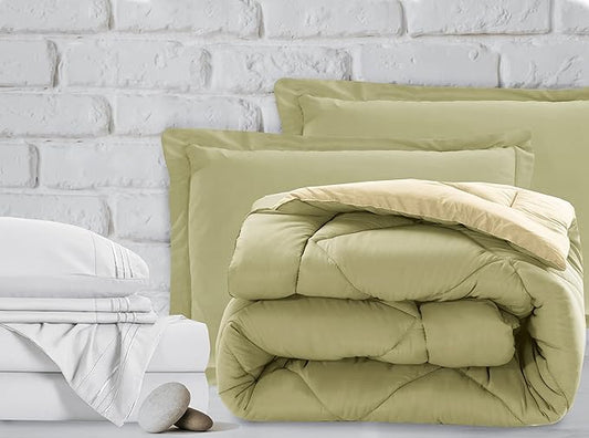 Elegant Comfort 7-Piece Bed-in-a-Bag Comforter & Sheet Set- Luxury 1500 Thread Count 7-Piece Full Size Bed-in-a-Bag, Super Cozy Bed Sheets and Comforter Set, Wrinkle and Stain Resistant, Sage/Cream