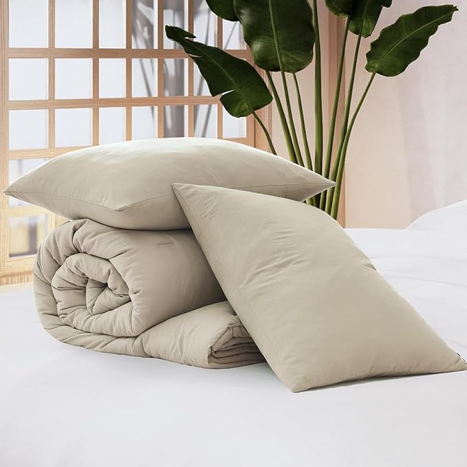 WRENSONGE Oversized Queen Comforter Set - 3 Pieces Prewashed Light Oatmeal Comforter Soft Lightweight for All Seasons,Down Alternative Comforters Oversized Queen Size with 2 Pillow Shams