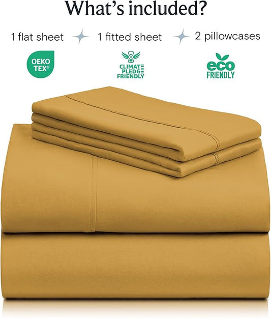 LuxClub 4 PC Queen Sheet Set, Breathable Luxury Bed Sheets, Deep Pockets 18" Wrinkle Free Cooling Sheets Machine Washable Hotel Bedding Silky Soft - Medallion Gold Queen