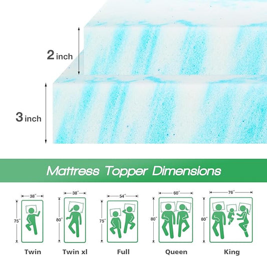 Sweetcrispy Mattress Topper Queen, 2 Inch Thick Memory Foam Gel Infused Cooling Toppers Pad for Queen Size Bed, Sleeper Sofa, RV, Camper, CertiPUR US Certified, Ventilated and Breathable, Blue