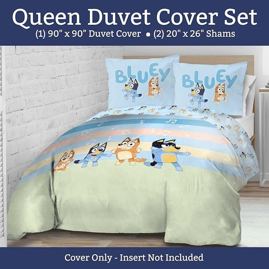 Jay Franco Kids Duvet Cover Set – 3 Piece Super Soft Bedding with Sham Pillowcase, Cover ONLY Comforter Not Included, Multi - Bluey, Queen