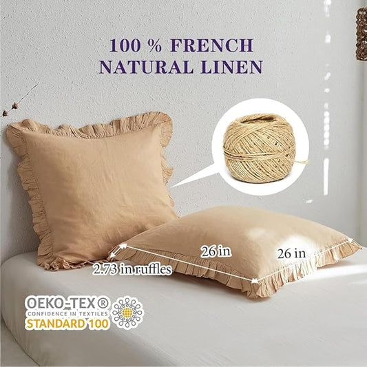 Simple&Opulence 100% Linen Euro Sham Covers with Ruffle, 26x26 Inch Pillow Covers Set of 2, Euro Pillow Shams for Bed Couch French Home Decor Luxury and Breathable Square Pillow Cases, Sand