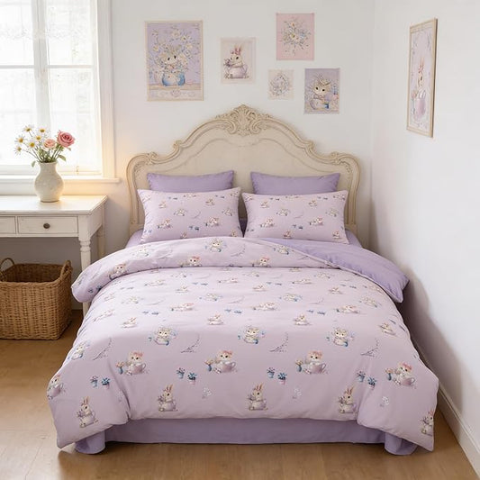 Taro Purple Priness Comforter Set Full Size for Girls, 3Pcs Botanical Floral Bedding for Girly Bedroom Decor, Cute Cat Kitten Comforter Set with 2 Pillowcases, 79"x90"