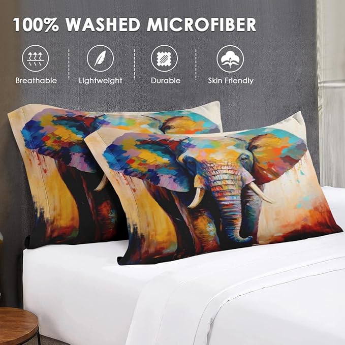 Queen Size Comforter Set with 2 Pillowcases, Painting Colorful Elephant Soft 3 Pcs Bedding for Kids and Adults Bedroom Bed Decor