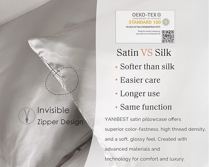 Yanibest Satin Pillowcase, King Size Pillow Cases Set of 2 - Silk Pillow Cases for Hair and Skin with Zipper, Silk Pillow Cases King for 20"x40", Exquisite Packaging for Women Men