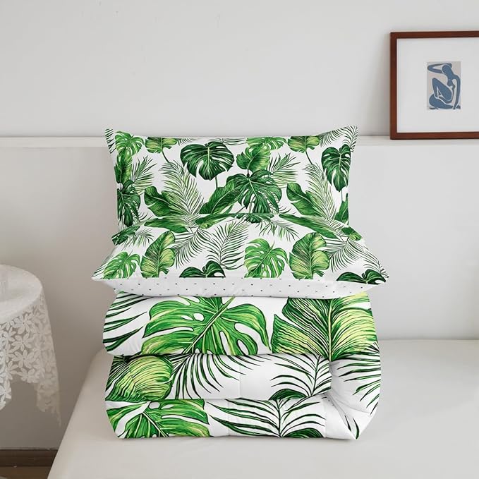 Erosebridal Palm & Monstera Leaves Comforter, Full Size - Lightweight Green & White Hawaiian Bedding Set with 2 Pillow Cases