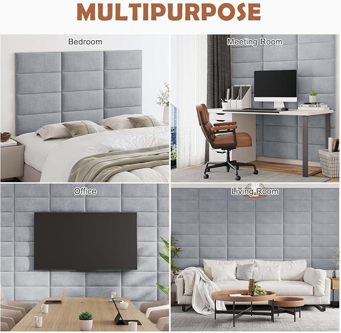 IFNOW Wall Mounted Headboard, Peel and Stick Panels, Light Grey, King | 3D Soundproof Acoustic Padding, Reusable and Removable Tufted fabric Bed Headboard for bedroom (12 Panels, 10" x 24")