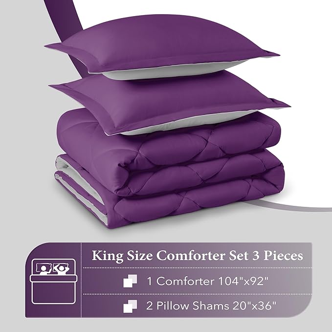 downluxe King Size Comforter Set - Purple and Grey King Comforter, Soft Bedding Sets for All Seasons -3 Pieces - 1 Comforter (104"x92") and 2 Pillow Shams(20"x36")