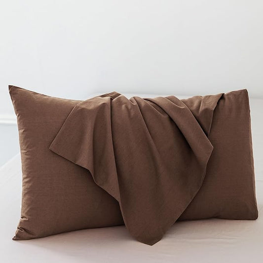 MooMee Bedding Pillowcases Pack of 2 100% Washed Cotton Linen Like Textured Breathable Durable Soft Comfy (Solid Cocoa Brown, King)
