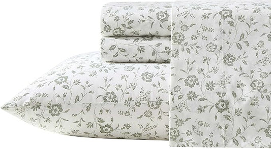 Laura Ashley - Twin Sheet Set, Crisp & Cool Cotton Percale Bedding with Deep Pockets, Lightweight for Year Round Comfort, Bed Sheets with Matching Pillowcases (Miranda Green)