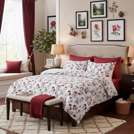 Nayoroom Vintage Floral Comforter Set Queen Size Watercolor Red Flower Botanical Leaf Pattern Spring Bedding Set 3 Pieces Soft Lightweight Aesthetic Garden Comforter for All Seasons