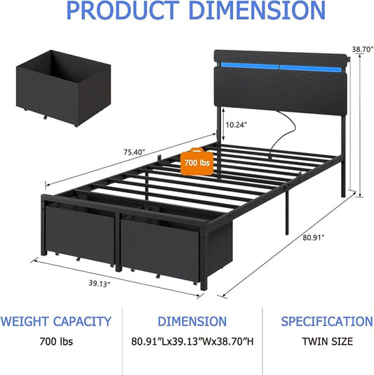 Forestell Twin Bed Frame with Wood Headboard,2 Storage Drawers & Shelf | Built-in Charging Station & LED Lights, Metal Support, No Box Spring Needed, noise-free, easy assembly, Smart RGB, USB+Type-C