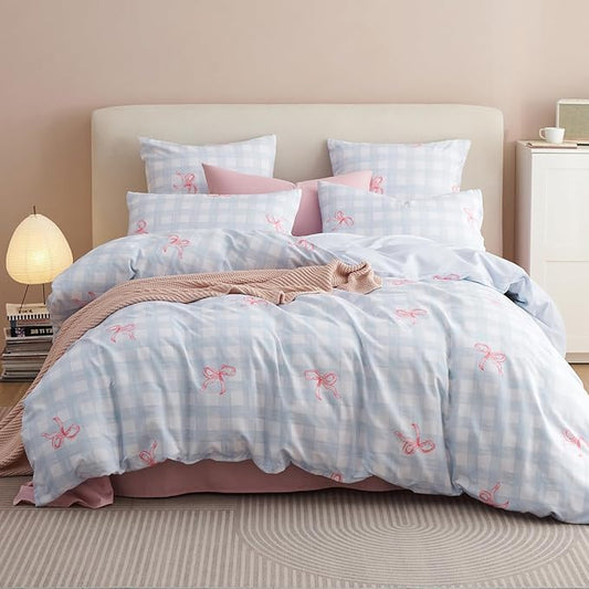 Blue Plaid Queen Comforter Set - Pink Bow Comforter Set Queen Size, Gingham Quilt Bedding Set 3 Pieces, Soft & Lightweight Comforter(90‘’ x 90‘’) for Girl & 2 Pillowcases(30‘’x20‘’)