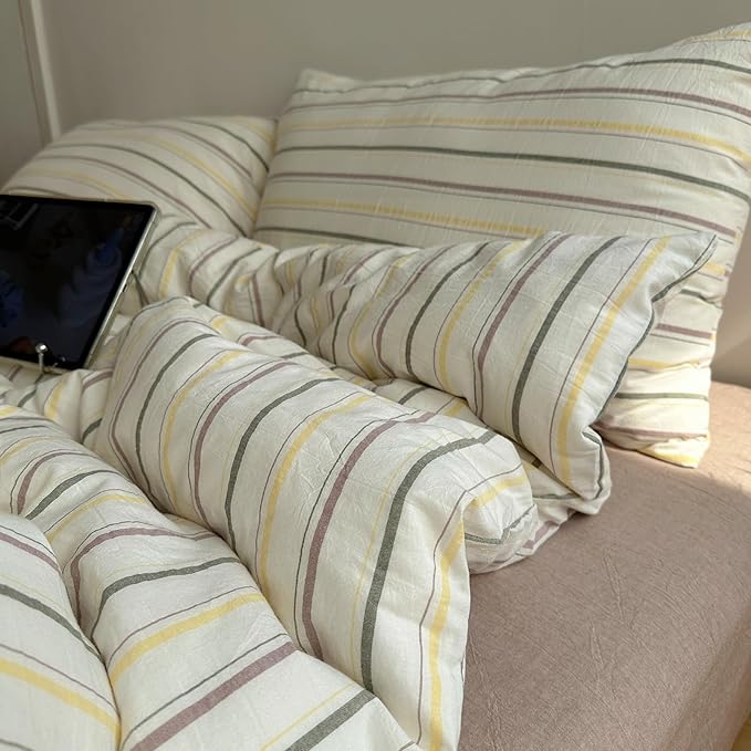 EAVD Vintage Colorful Striped Comforter Set Full Soft Cotton 3-Piece Retro Vertical Striped Bedding Set with 2 Pillowcases Boho Geometric Comforter Set for All-Season(Green&Yellow&Brown, Full)