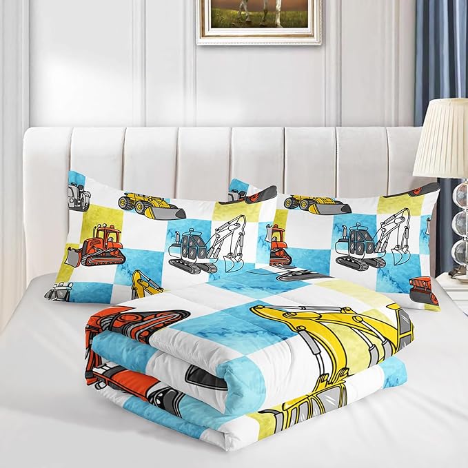 Boy's Construction Truck Comforter Set Twin,Orange,and Yellow Truck 3 Pieces Bedding Set for Kids Boys Teens,Blue and Yellow Plaid Microfiber Lightweight Quilt Bedroom Decor with 2 Pillow Cases