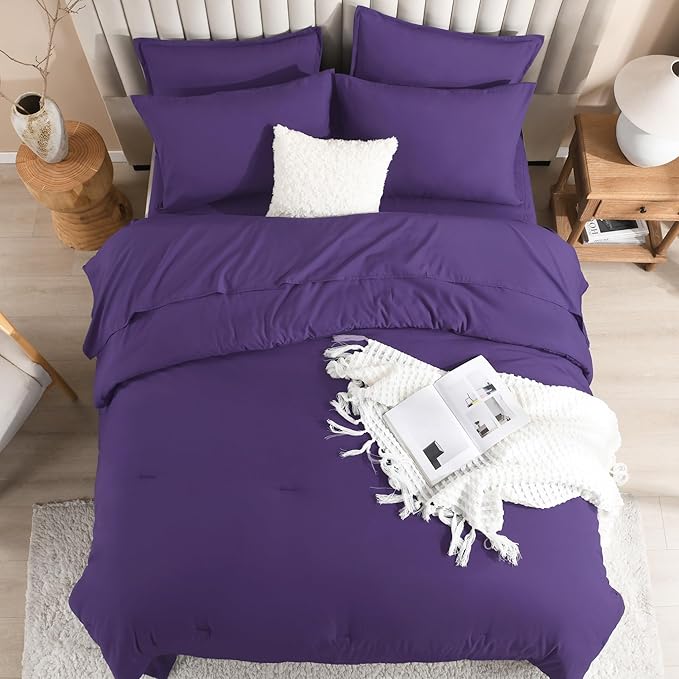 Litanika Comforter Queen Size Set Purple - 7 Pieces Bed in a Bag Queen Bedding Comforter Sets, Plain Lightweight Bed Set with Comforter, Sheets, Pillowcases & Shams