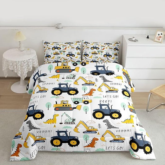 Kids Excavator Comforter Set Full, Cartoon Equipment Trucks Bedding for Boys Girls Children, Dinosaur Duvet Insert, Yellow Blue Construction Vehicle Down Comforter, Tractor Quilt Set Bedroom Decor