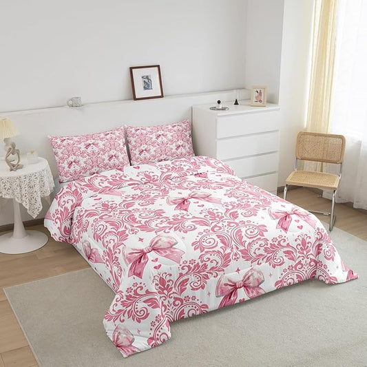 Feelyou Girls Pink Bowknot Comforter Set King Size Goth Damask Comforter Victorian-Themed Bedding Set Baroque Duvet Set Vintage Floral Quilt Set 3Pcs