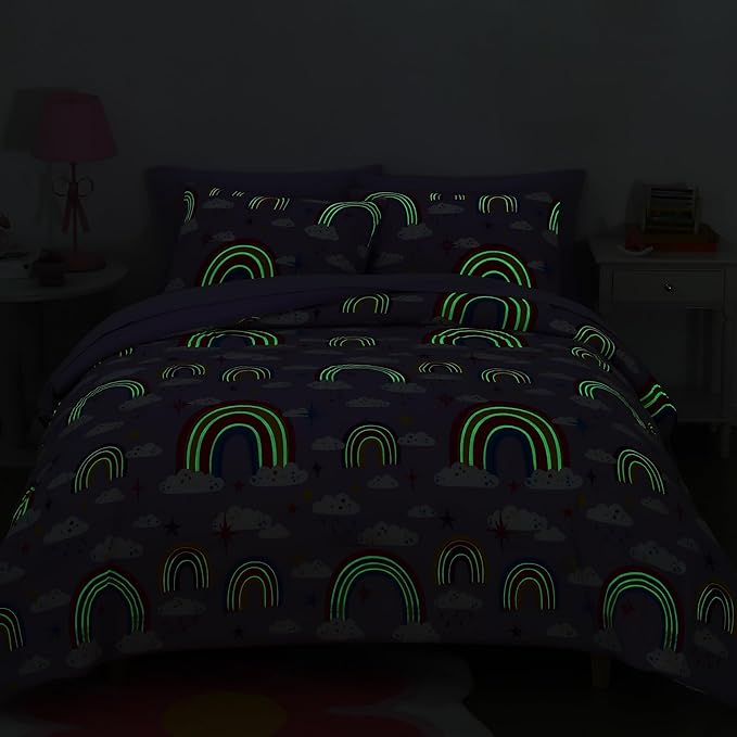 Full Size Comforter Set for Girls-7 Pieces Purple Rainbow Glow in the Dark Full Bedding Sets for Kids, Ultra Soft Bed in A Bag with Sheets