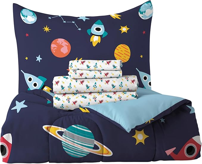 Dream Factory Kids 5-Piece Complete Bed Set Easy-Wash Super Soft Microfiber Comforter Bedding, Twin, Blue Space Galaxy