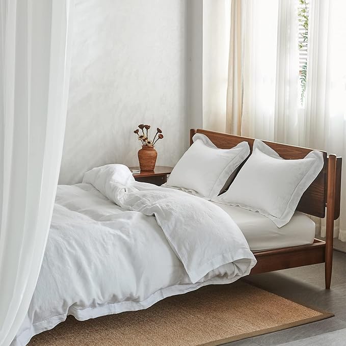 Simple&Opulence 100% Washed Linen Duvet Cover Set with Embroidered, 3 Pieces Soft Farmhouse Comforter Set with Button Closure,1 Duvet Cover and 2 Pillowshams(King,White)