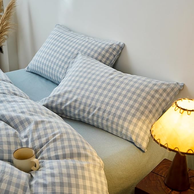 EAVD Vintage Style Blue&White Plaid Gingham Duvet Cover Queen Soft 100% Washed Cotton Chic Grid Checkered Bedding Set with 2 Pillowcases Farmhouse Blue Plaid Duvet Cover with Zipper Closure