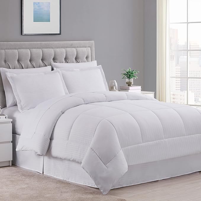 Sweet Home Collection 8 Piece Comforter Set Bag with Dobby Stripe Design, Bed Fitted, 1 Flat Sheet, 2 Pillowcases, 2 Shams, King White (Pack of 3)