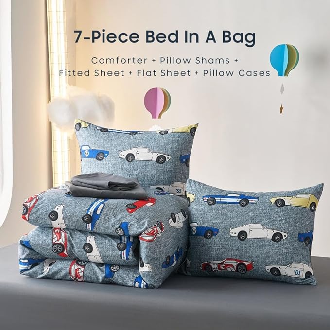 Wake In Cloud - Race Car Bedding Set for Boys, Cute Colorful Sports Car Supercar Wheels Comforter Set with Sheets, 7 Pieces Kids Bed in a Bag, Gray, Full Size
