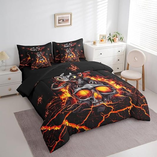Black Cartoon Dragon Butterfly Comforter Set,Gothic Sugar Skull 7 Piece Bed Set King Size for Kids,Happy Halloween Bed in a Bag Bedding Set with Comforter,Sheet Set,Pillowcases,Pillow Covers