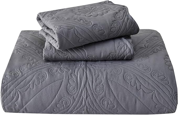 Kingnex Oversized King Bedspreads 128x120 Extra Wide for Tall King or Cal King Bed Ultrasonic Quilted Coverlet Set 3 Piece Include 1 Quilt 2 Pillowcases Dark Grey