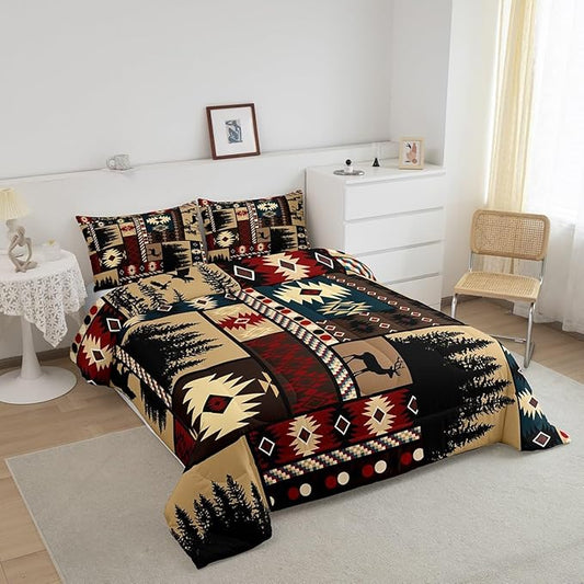 Feelyou Boho Comforter Set Twin Size Rustic Comforter for Boys Girls Teens Cabin Bedding Set Vinatge Duvet Set Room Decor Brown Quilt Set