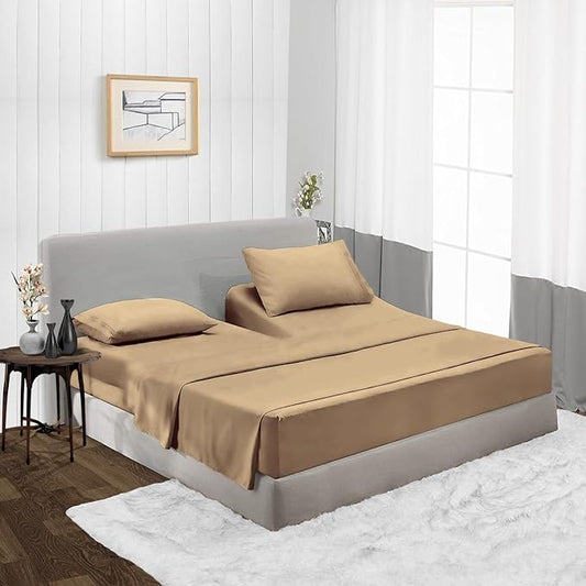 SGI bedding Adjustable Split Head Flex Top King 39" Microfiber Sheet Set – Ultra Soft, Cooling & Deep Pocket 15” Fitted, 4-Piece Breathable & Durable Bedding Set for Split King Beds -Beige