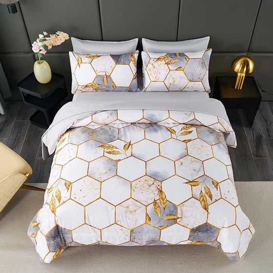 ANGIYUIN 7 Pcs White Marble Bedding Comforter Set California King, Hexagon Honeycomb with Gold Trims Comforter Set, Soft Lightweight Watercolor Bed in A Bag for Women Men
