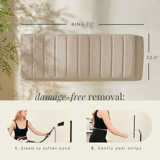 Hearth & Harbor Wall Mounted King Headboard Only, Bed Headboard King Size | Easy Assemble, Floating Peel and Stick, Upholstered, Channel Stitched, 3D Wall Panels, 5 Strips of 3M Tape Included, Beige
