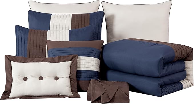 Chezmoi Collection Loft 8-Piece King Comforter Set, Midnight Blue/Brown/Coffee Cream Luxury Striped Bedding for All Season