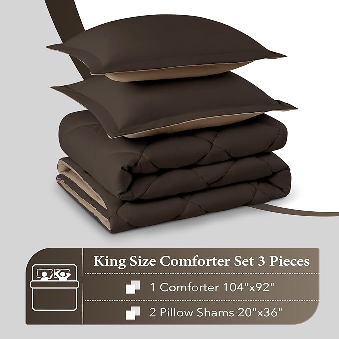 downluxe King Size Comforter Set - Brown and Tan King Comforter, Soft Bedding Sets for All Seasons -3 Pieces - 1 Comforter (104"x92") and 2 Pillow Shams(20"x36")