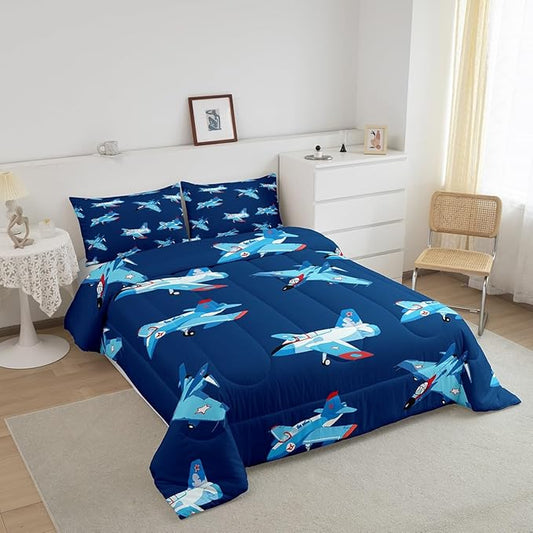 Castle Fairy Kids Aircraft Comforter King Size,Cartoon Transportation Vehicles Comforter Set Bedding Set for Kids Adults,Boys Airplane Navy Blue Duvet Set Ultra Soft Room Decor 3Pcs Quilt Set
