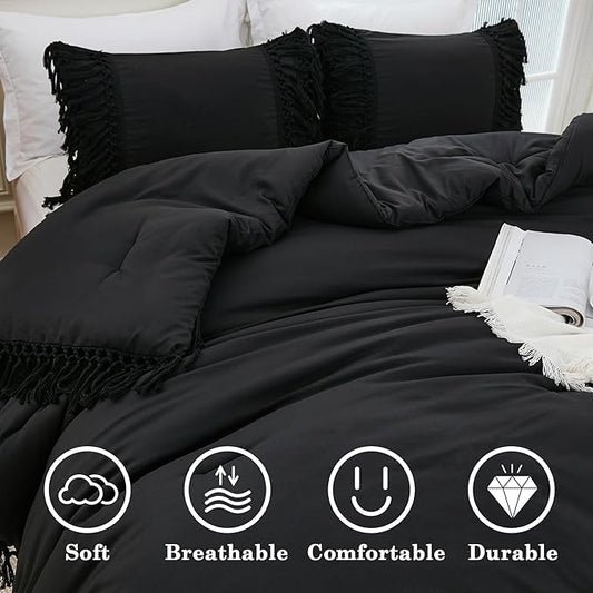 Andency Black Comforter Set King, 3 Pieces Boho Tassel Lightweight Soft Bedding Comforter Sets for King Bed, All Season Fluffy Fringe Bed Set (104x90In Comforter & 2 Pillowcases)