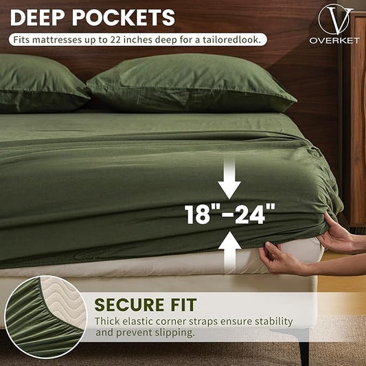 100% Linen Sheet Set Cal King Size Extra Deep Pocket Fits 18-24 Inch Mattress, Breathable & Soft, Smooth 4-Piece Set for Thick Mattresses Hotel Luxury Bedding(Cal King, Forest Green)