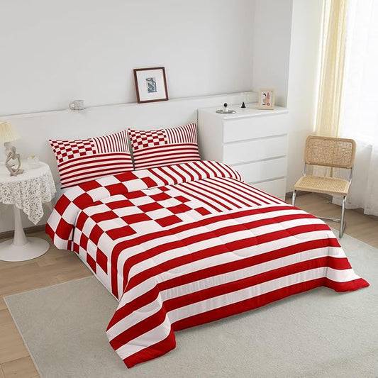 Red Stripes Comforter Set Buffalo Check Plaid Bedding Set Fashion Plaid Geometric Bedding Home Decor Modern Simple Style Comforter Twin Size Quilted Duvet Set 1 Comforter with 1 Pillowcase